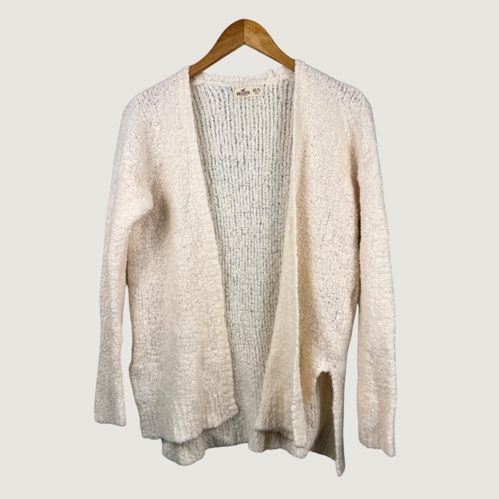 Hollister Cardigan XS/S Cream Boucle Knit Open Front Wool Blend Sweater